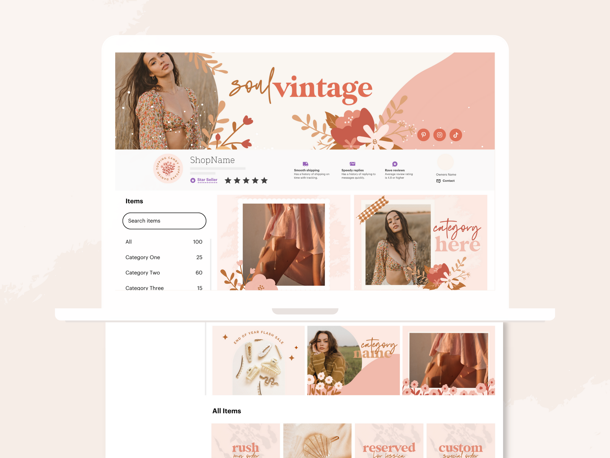 Soul Vintage Etsy Shop Kit Boho Canva Template