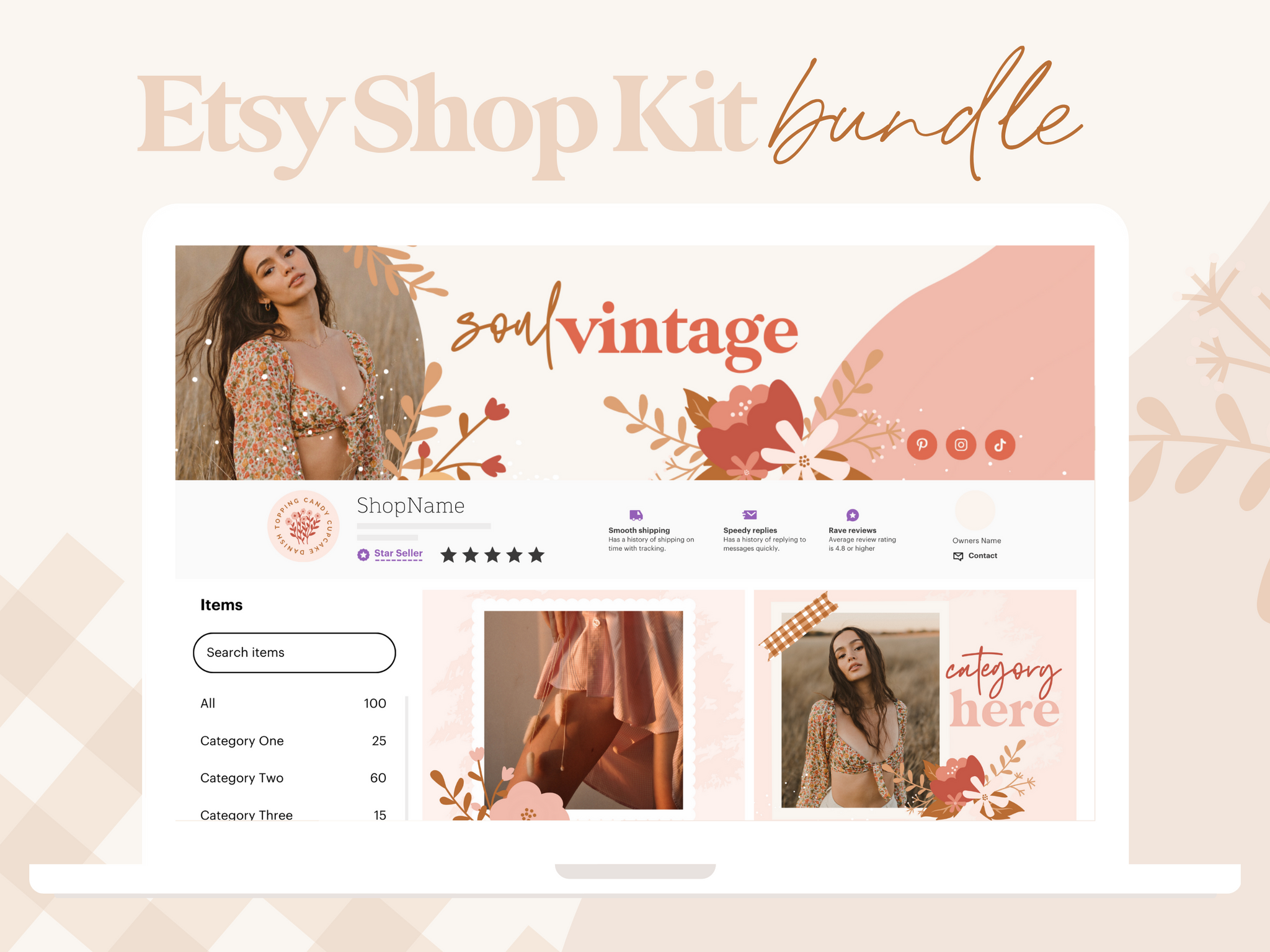 Soul Vintage Etsy Shop Kit Boho Canva Template