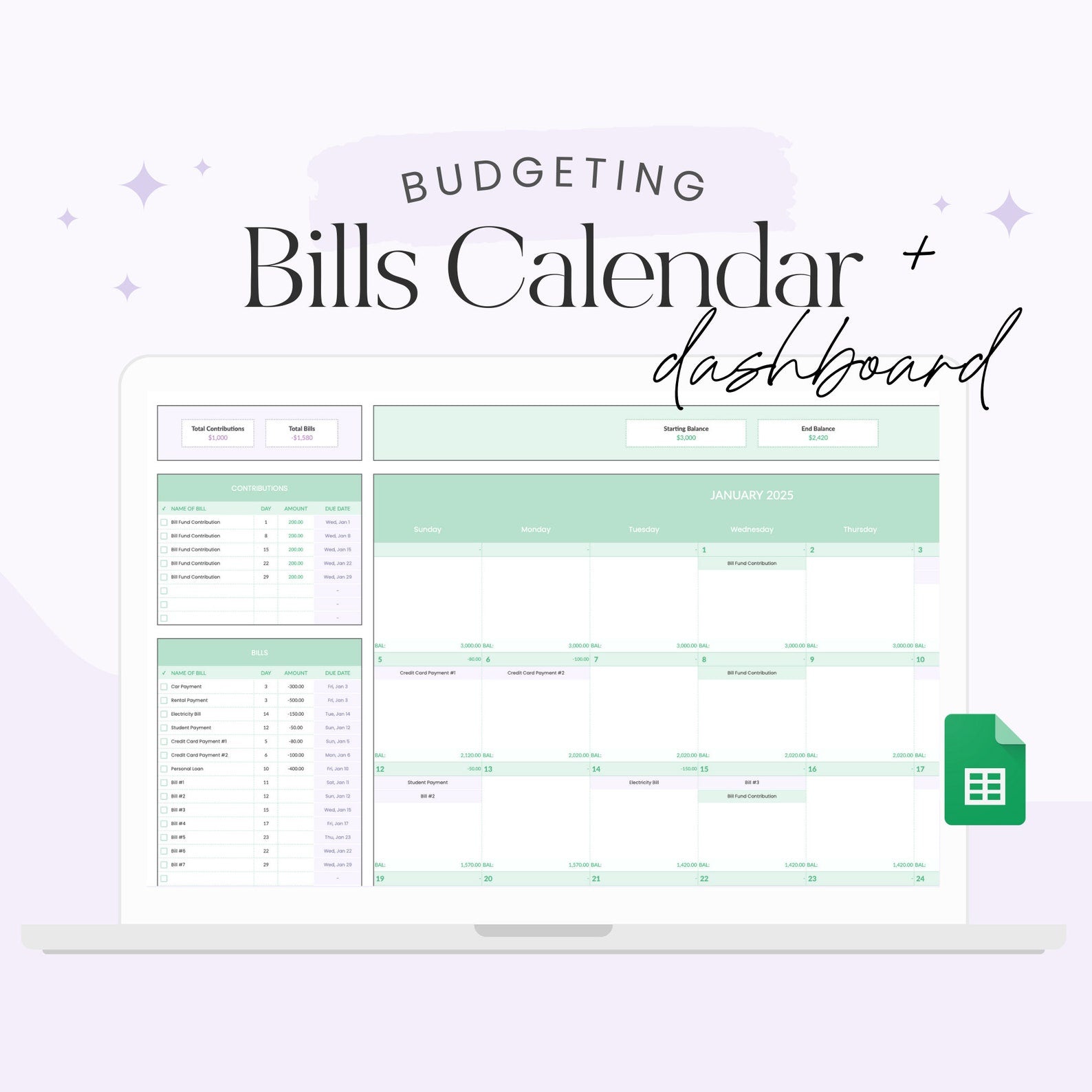 Annual Bill Tracker Calendar for Google Sheets - Career Creative