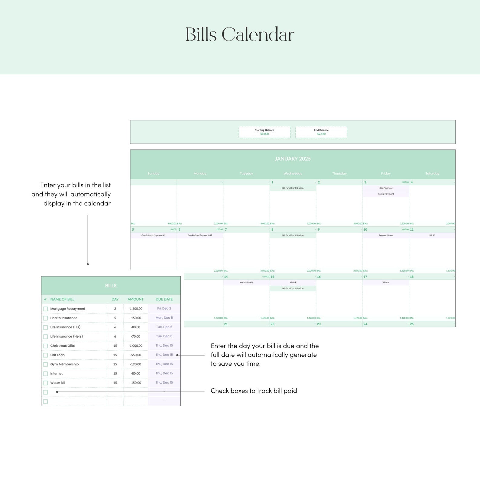 Annual Bill Tracker Calendar for Google Sheets - Career Creative