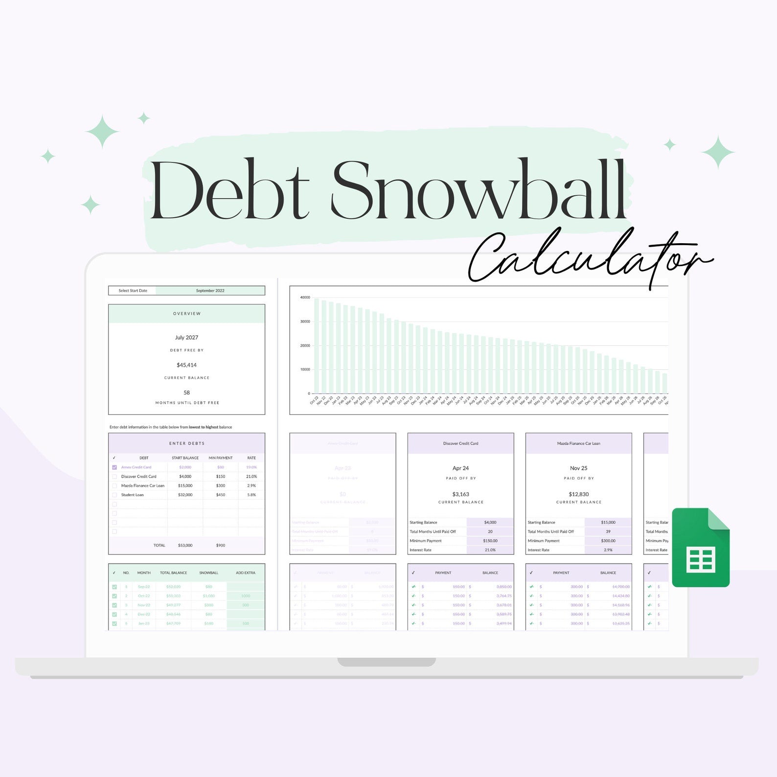 Debt Free Snowball Calculator for Google Sheets - Career Creative