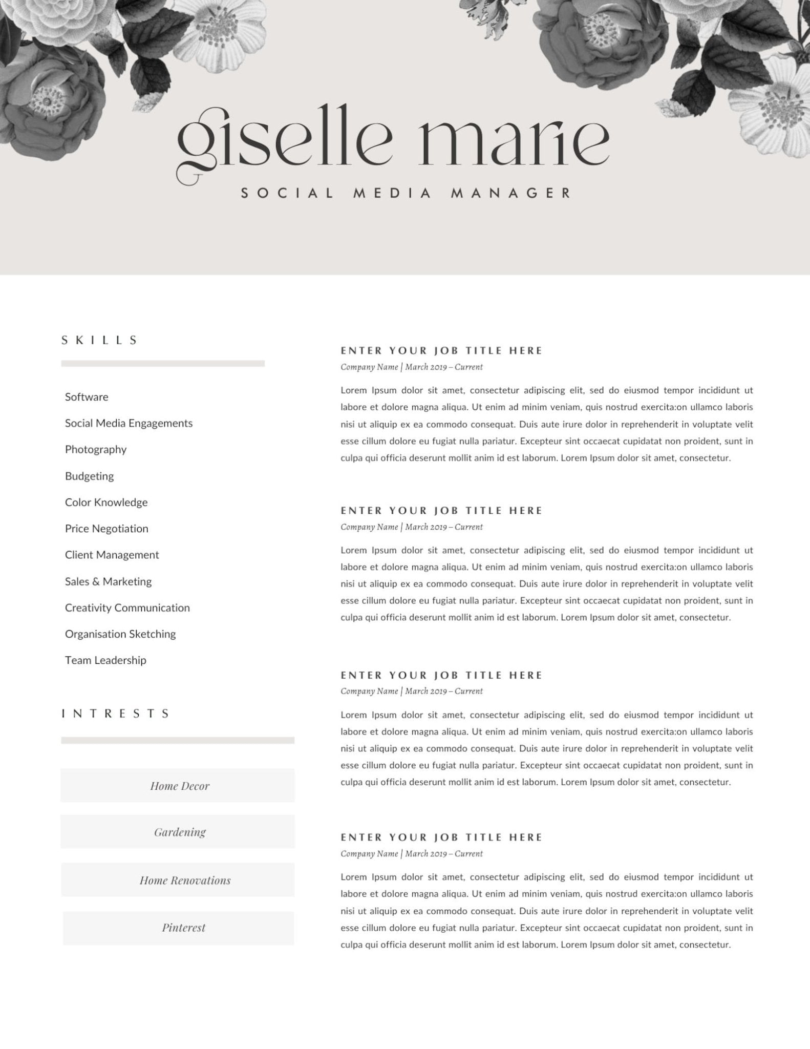 Floral Beige Resume Template for Canva - Career Creative