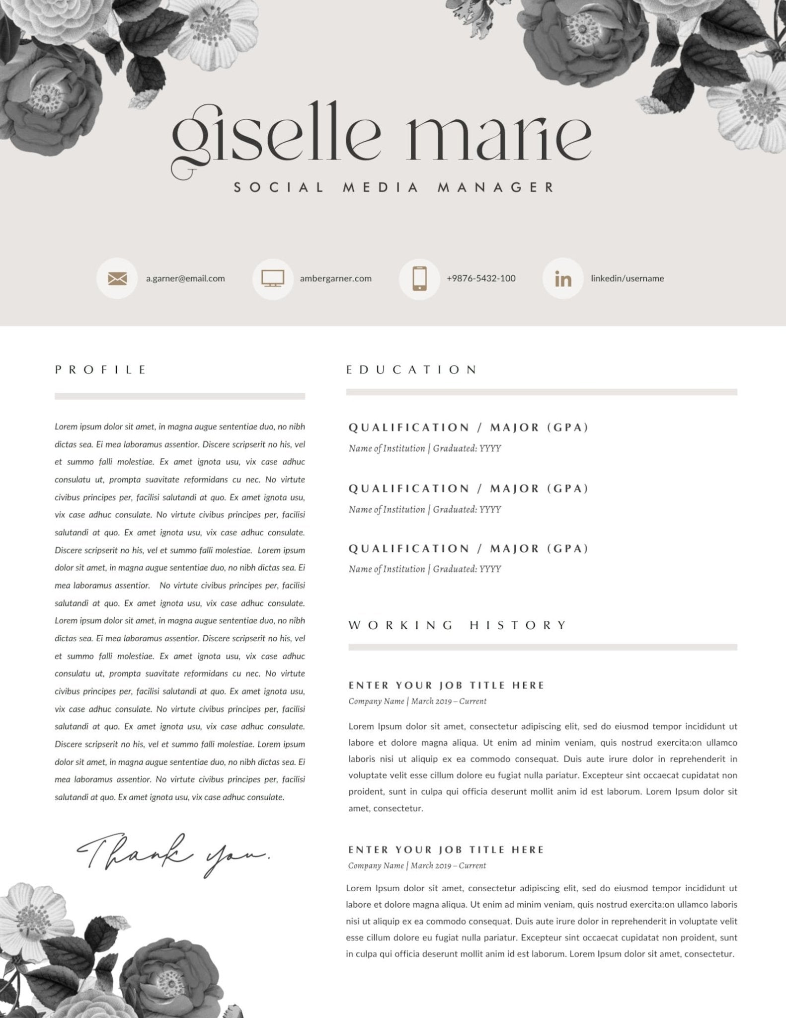 Floral Beige Resume Template for Canva - Career Creative