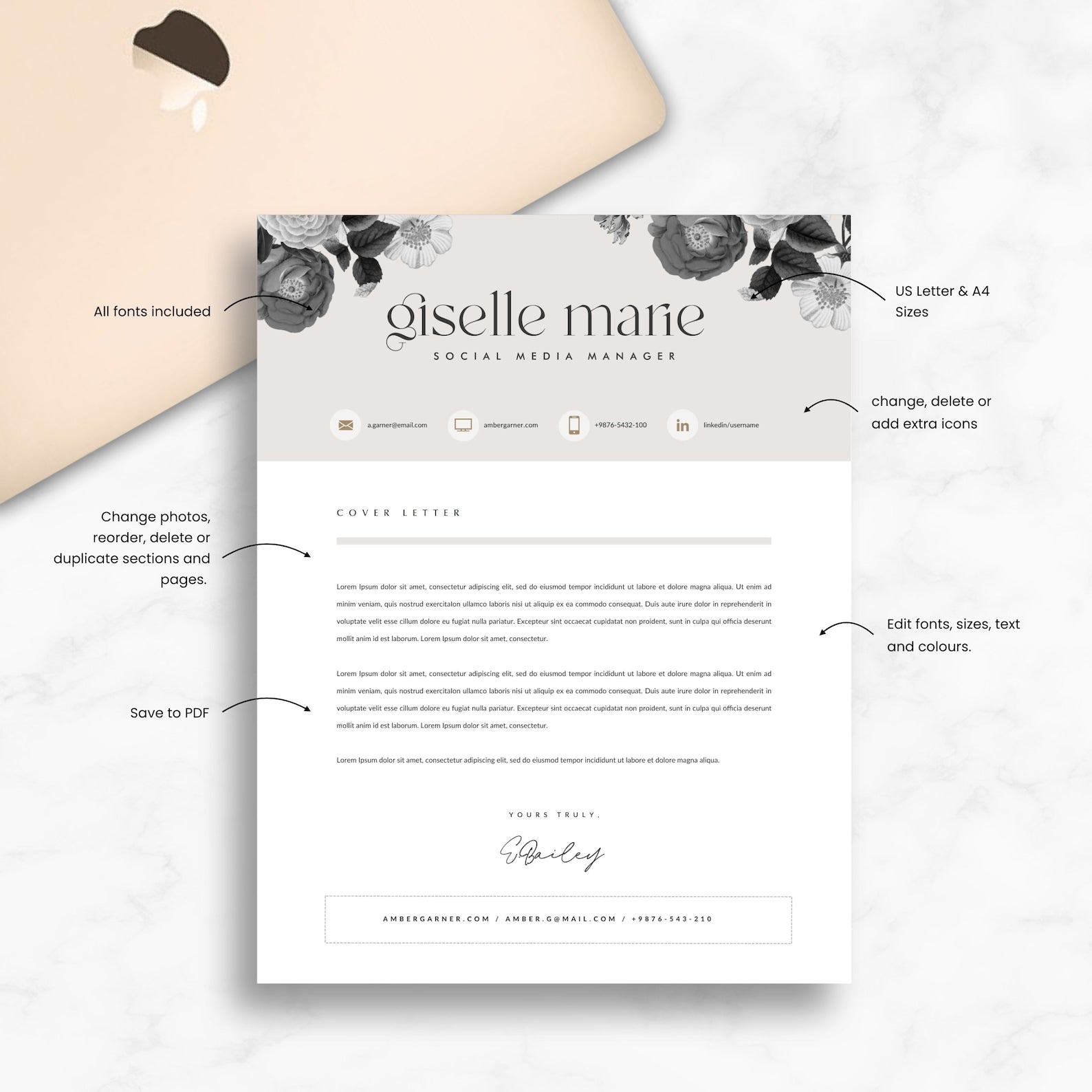 Floral Beige Resume Template for Canva - Career Creative