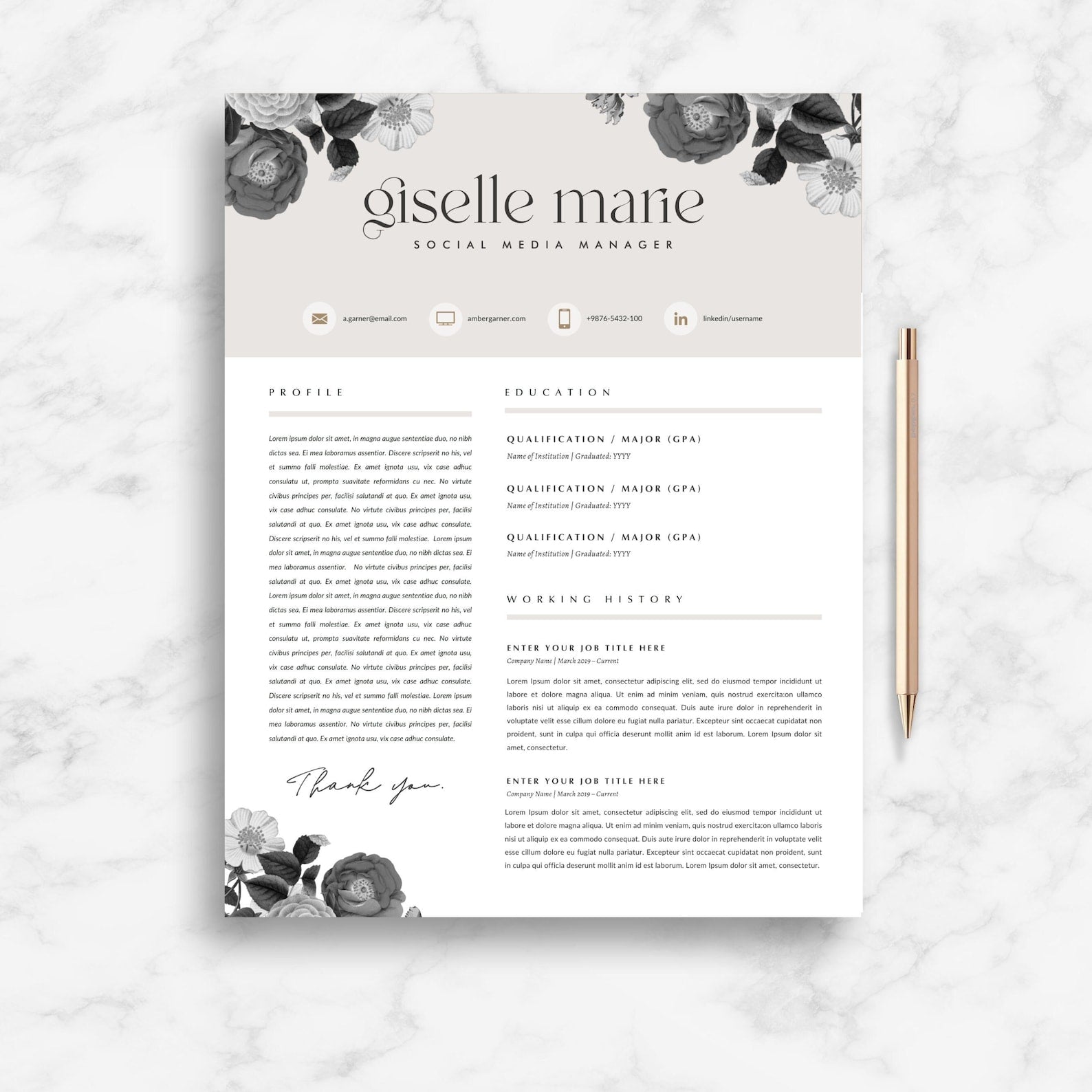 Floral Beige Resume Template for Canva - Career Creative