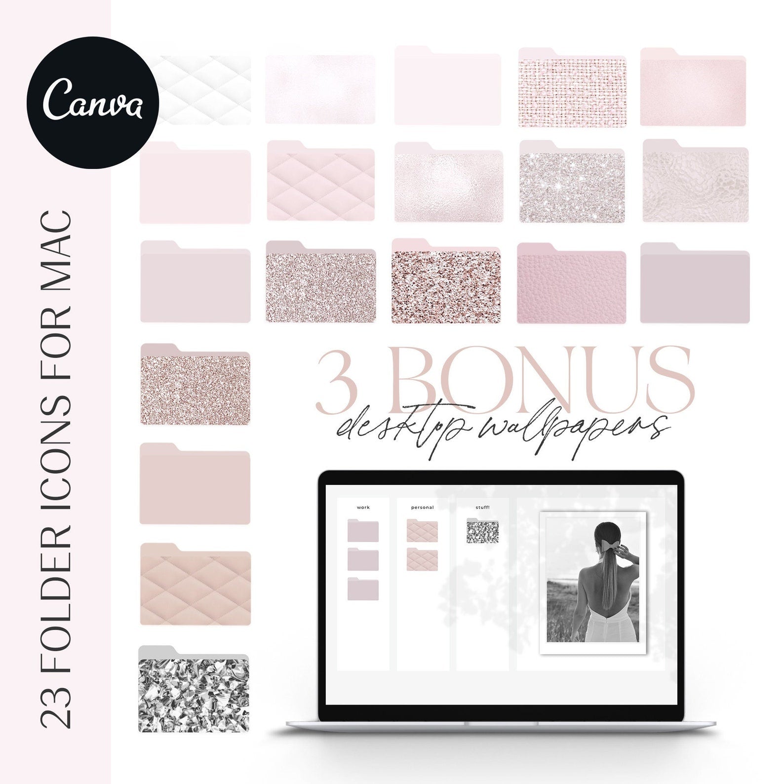 Pretty Pastel Pink Desktop Folder Icons For Mac & Windows, Pink Glitter Aesthetic Organizer, Metallic Desktop Wallpaper