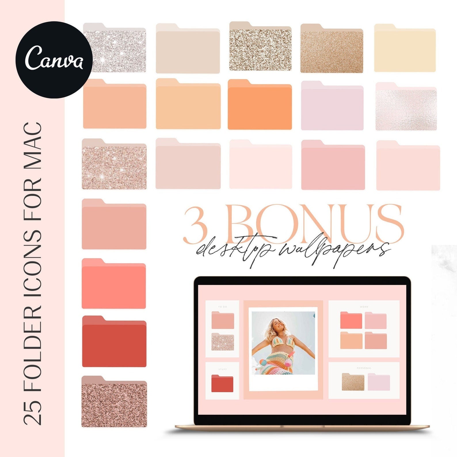 Summer Boho Desktop Folder Icons For Mac & Windows, Glitter, Peachy Pinks and Oranges