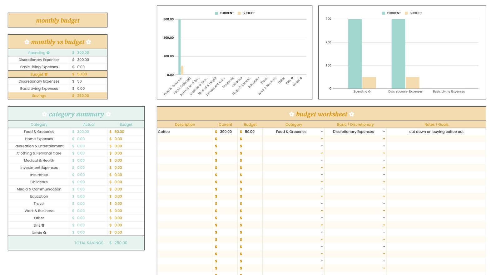 Yellow & Blue Monthly Budget Spreadsheet for Google Sheets