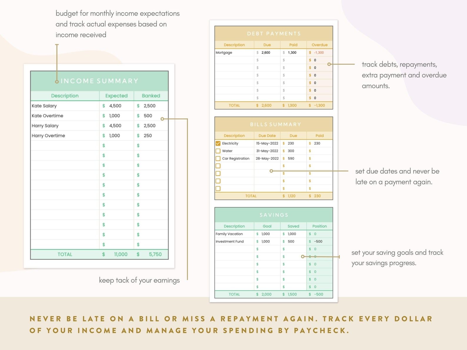 Purple & Green Monthly Budget Spreadsheet for Google Sheets - Career Creative