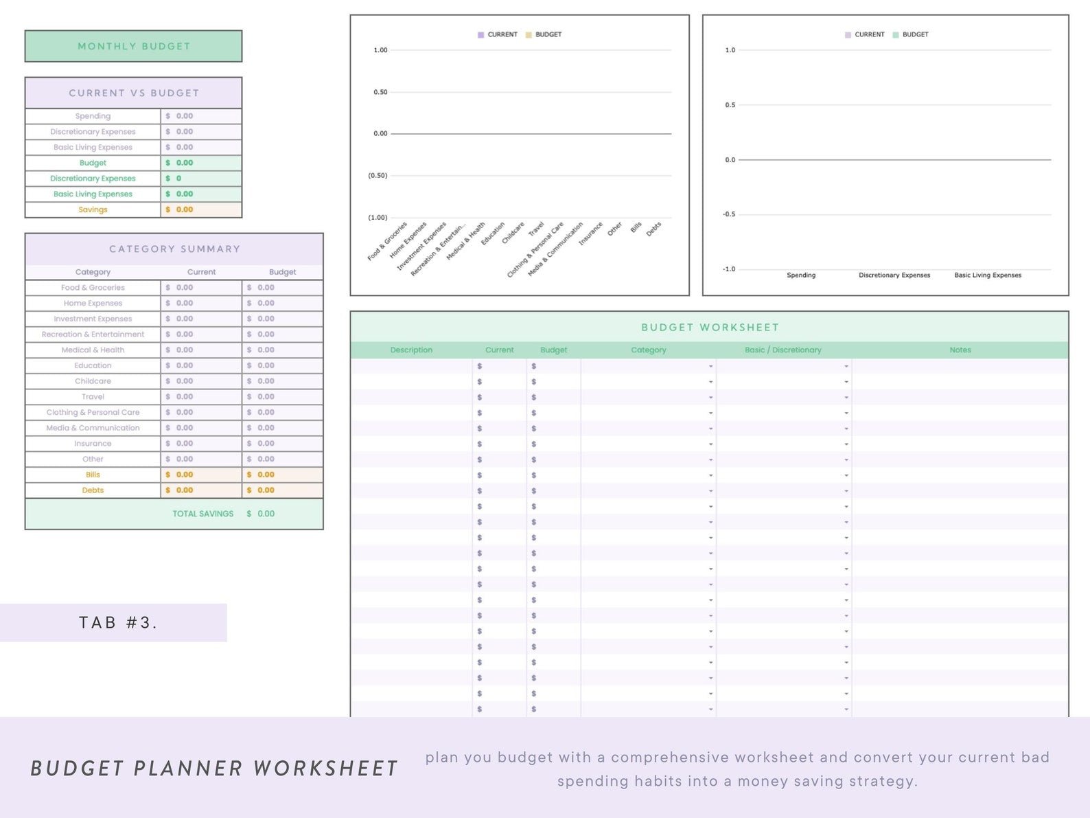 Purple & Green Monthly Budget Spreadsheet for Google Sheets - Career Creative