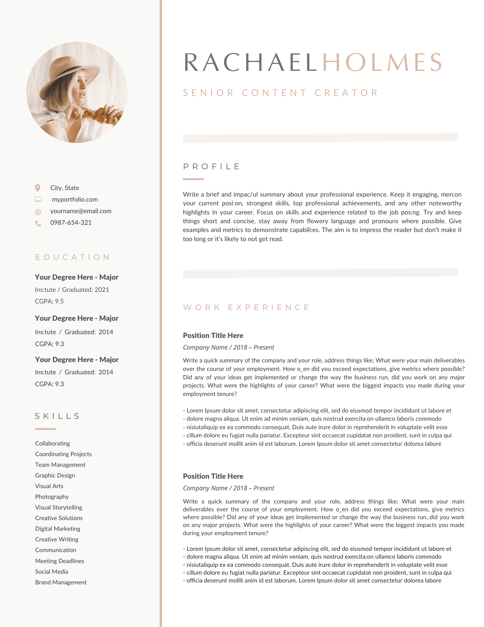 Rose Gold Resume Template for Canva - Career Creative