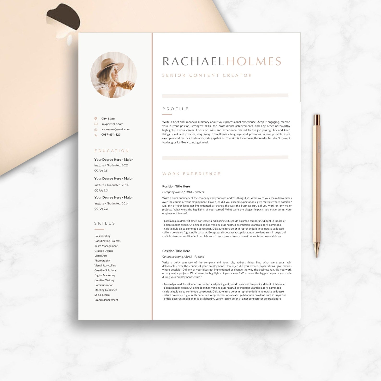 Rose Gold Resume Template for Canva - Career Creative