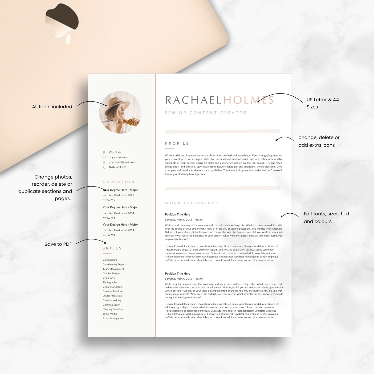 Rose Gold Resume Template for Canva - Career Creative